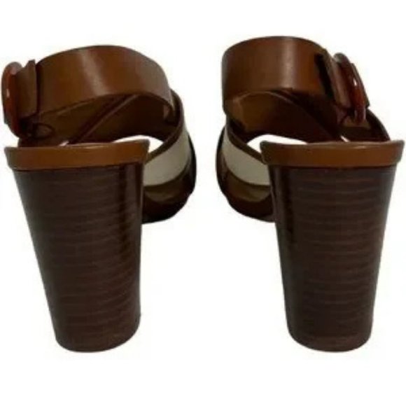 Sezane High Maud Sandals Linen Camel Block Heel Size 38 French or US 7 Cross - Picture 7 of 10